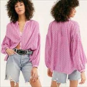 Free People Maddison Pink Eyelet Button Front Blouse SZ S/P